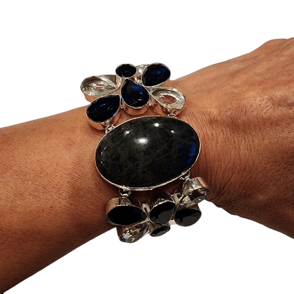 Blue sodalite gemstone bracelet silver + white topaz + blue faceted glass Q04 - Picture 7 of 14